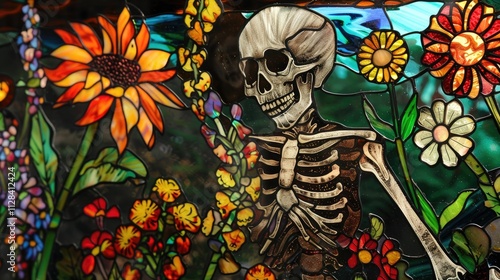 Colorful stained glass window with a human skeleton and sunflowers