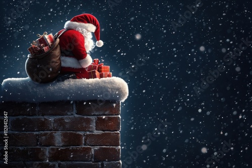 Santa's winter adventure climbing down a chimney with gifts