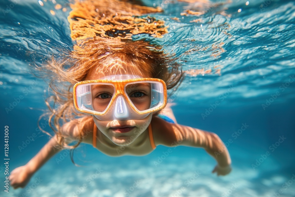 Naklejka premium Child swimming underwater with snorkeling gear.