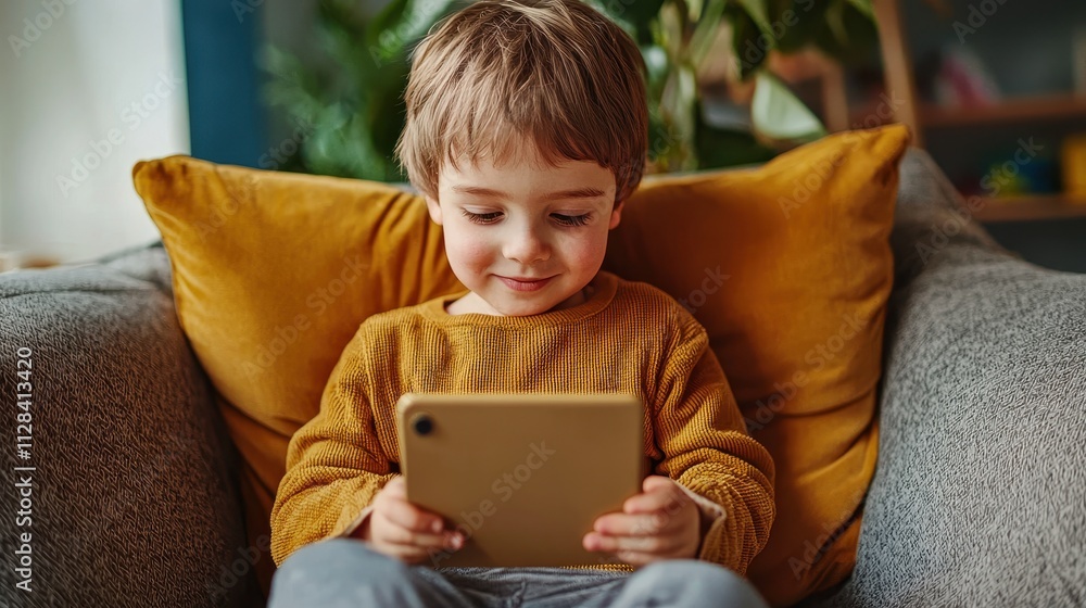 Young Boy Sitting Comfortably on Couch with Yellow Pillows Enjoying Digital Tablet in Cozy Living Room Setting, Engaging with Educational Content or Games