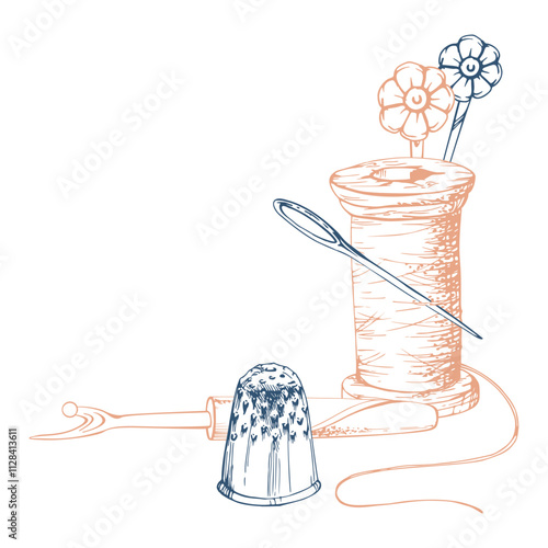 Wooden bobbin thread spool, thimble, seam ripper. Hand drawn ink vector illustration sewing craft embroidery supplies. Composition isolated on white background. Design atelier, tailor, hobby shop