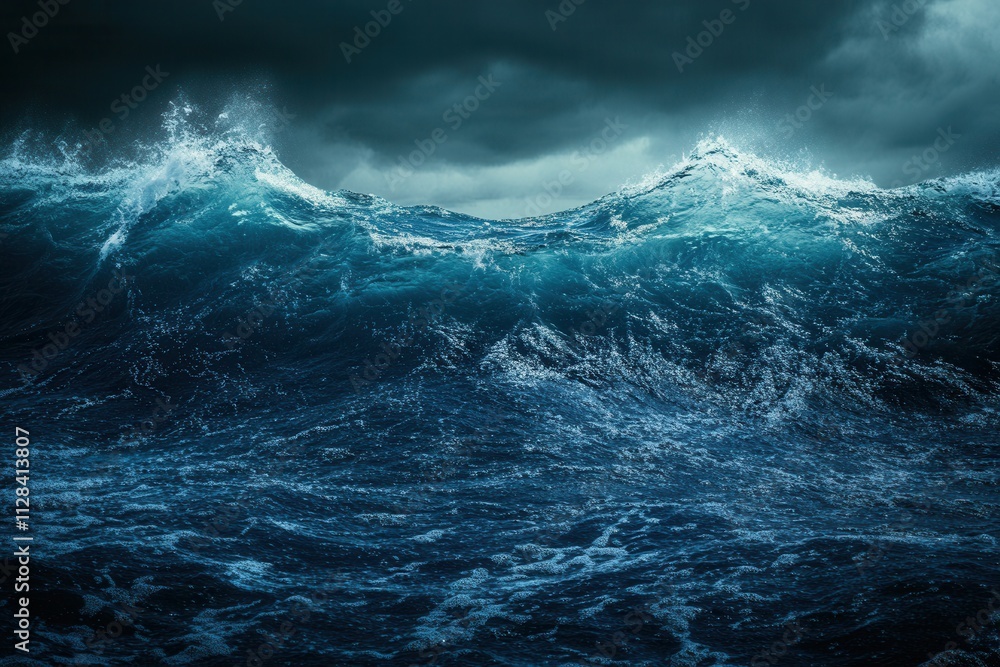 Dark, turbulent ocean waves under stormy skies. Dark, turbulent ocean waves under stormy skies.