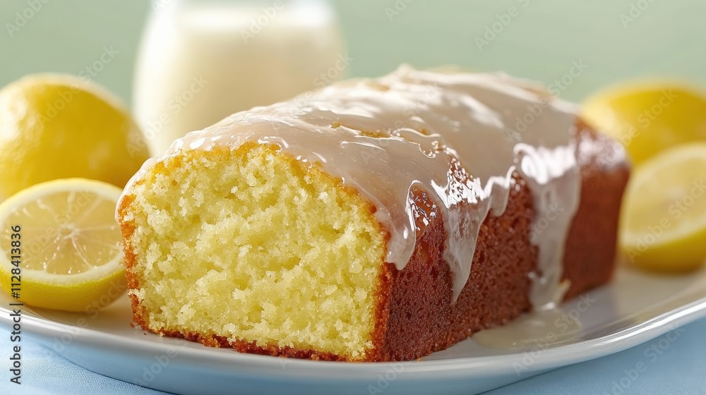 a homemade lemon loaf cake with glaze, sliced and arranged on a plate. Surrounded by fresh lemons, a glass of milk a homemade lemon loaf cake with glaze, sliced and arranged on a plate. Surrounded by fresh lemons, a glass of milk