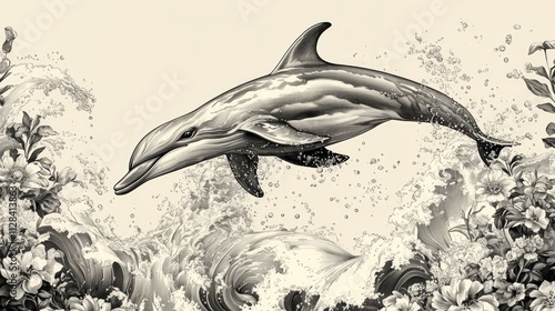 A graceful dolphin leaps through the waves, surrounded by lush floral details in a monochromatic illustration. The image evokes a sense of freedom and natural beauty. photo