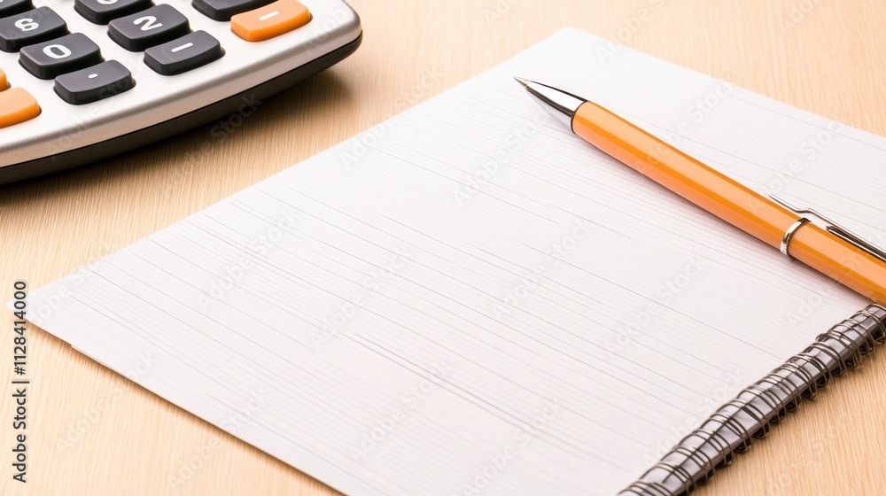 Empty office desk with calculator pen and blank paper ready for work Empty office desk with calculator pen and blank paper ready for work