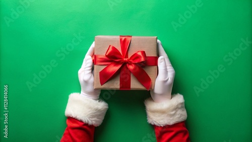 Merry Christmas celebration greeting card - close up of santa claus hand's holding a present gift box, isolated on green background, top view, flat lay 