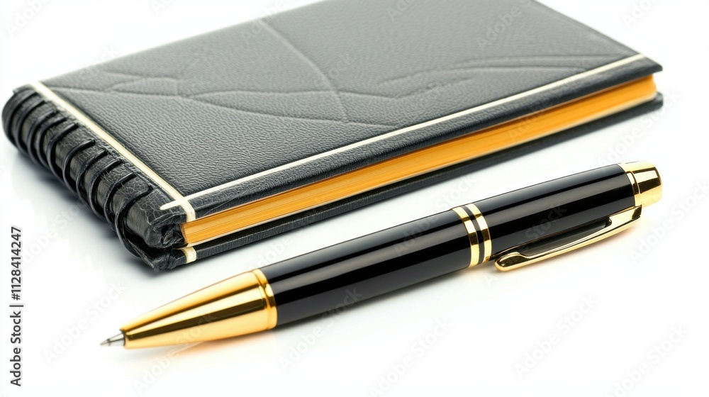 Elegant Leather Notebook and Golden Pen on Desk for Business Planning Elegant Leather Notebook and Golden Pen on Desk for Business Planning
