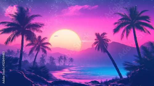 Vibrant sunset over a tropical beach with palm trees