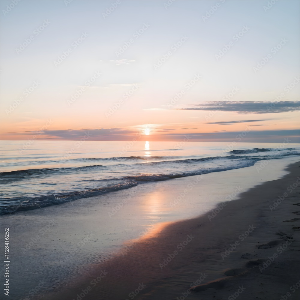 Golden Sunrise Over a Calm Ocean with Gentle Waves and Footprints Golden Sunrise Over a Calm Ocean with Gentle Waves and Footprints