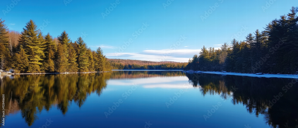 A serene lake surrounded by lush trees reflects a clear blue sky, creating a tranquil and peaceful natural landscape. A serene lake surrounded by lush trees reflects a clear blue sky, creating a tranquil and peaceful natural landscape.
