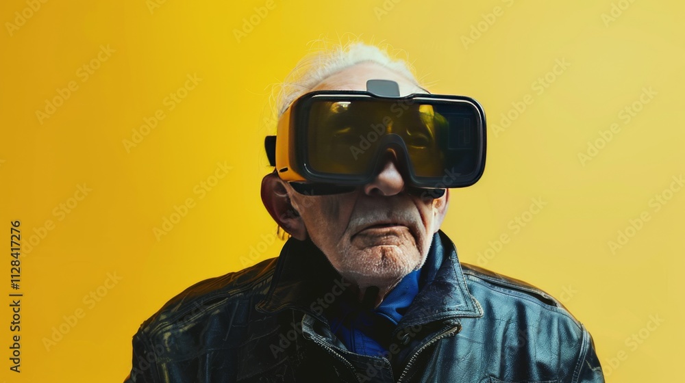An elderly man wearing opaque virtual reality goggles, arms raised in amazement An elderly man wearing opaque virtual reality goggles, arms raised in amazement