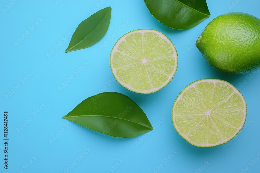 Fresh limes, cut and whole, with leaves on blue. Perfect for recipes, health, or summer themes. Fresh limes, cut and whole, with leaves on blue. Perfect for recipes, health, or summer themes.