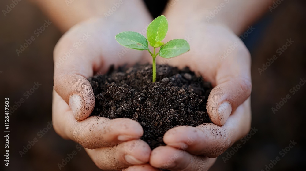 Hands Holding Soil with a Small Green Seedling, Symbolizing Growth, Nurturing Nature, and Environmental Awareness in a Close-Up Shot Hands Holding Soil with a Small Green Seedling, Symbolizing Growth, Nurturing Nature, and Environmental Awareness in a Close-Up Shot