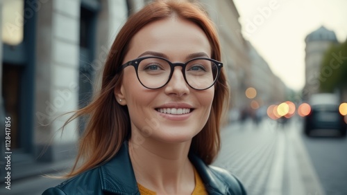 red-haired woman standing on the street and looking at the camera