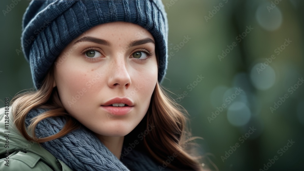 beautiful girl in winter in a hat close-up on the street looking at the camera beautiful girl in winter in a hat close-up on the street looking at the camera
