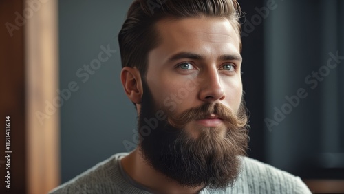 bearded man face close up indoors.