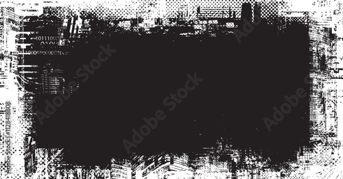 Abstract frame background with chaotic layering of newspaper text, illustrations modern city, headlines and place for an inscription on white background. Creative vector background in grunge style