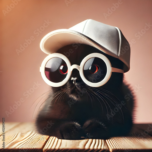 A cute black cat with sleek fur, wearing stylish white circular glasses and a white baseball cap. Baseball cat photo