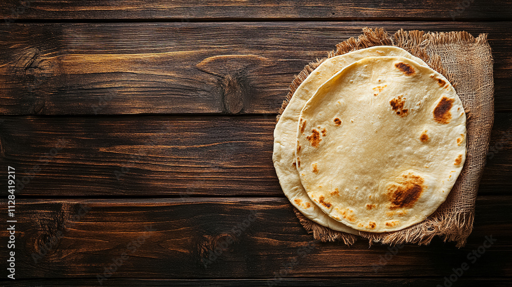 Freshly made flatbreads resting on a burlap cloth on a rustic wooden table in a cozy kitchen setting. Generative AI Freshly made flatbreads resting on a burlap cloth on a rustic wooden table in a cozy kitchen setting. Generative AI