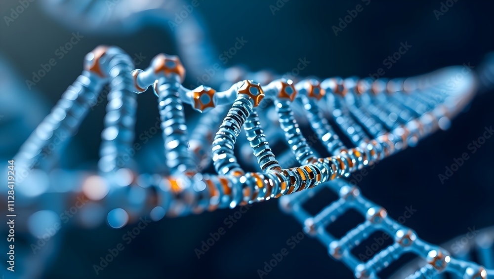 Close-up of a detailed DNA model. The intricate structure is highlighted in cool blues and warm oranges. Close-up of a detailed DNA model. The intricate structure is highlighted in cool blues and warm oranges.