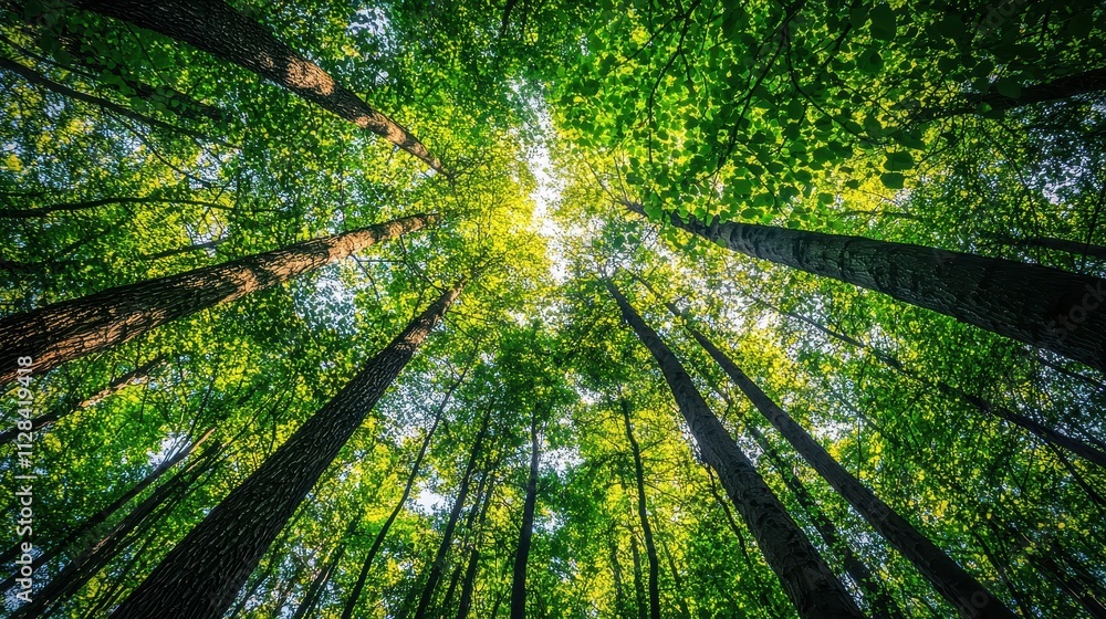 Lush Green Canopy Overhead in Vibrant Forest with Tall Trees and Sunlight Filtering Through Leaves, Capturing the Beauty of Nature's Tranquility and Splendor Lush Green Canopy Overhead in Vibrant Forest with Tall Trees and Sunlight Filtering Through Leaves, Capturing the Beauty of Nature's Tranquility and Splendor