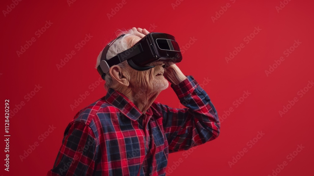 An elderly man wearing opaque virtual reality goggles, laughing with an open mouth An elderly man wearing opaque virtual reality goggles, laughing with an open mouth