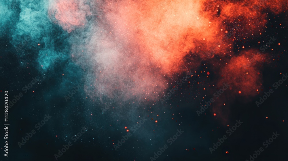 Fototapeta premium Colorful smoke clouds with glowing particles in dark space