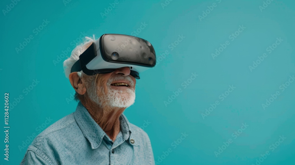 An elderly man wearing opaque virtual reality goggles, appearing delighted An elderly man wearing opaque virtual reality goggles, appearing delighted
