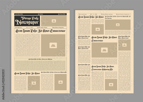 Vintage newspaper with text and image placeholder. Brochure newspaper pages with headline. Paper retro journal vector template. News articles newsprint magazine old design