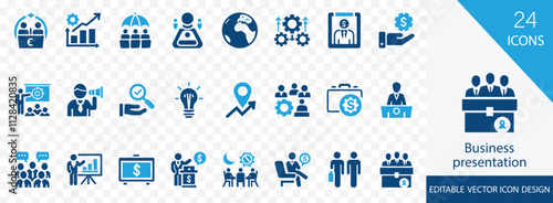 Business presentation solid icon set. containing explanation,, presenter, business, conference, keynote, briefing, and more vector design