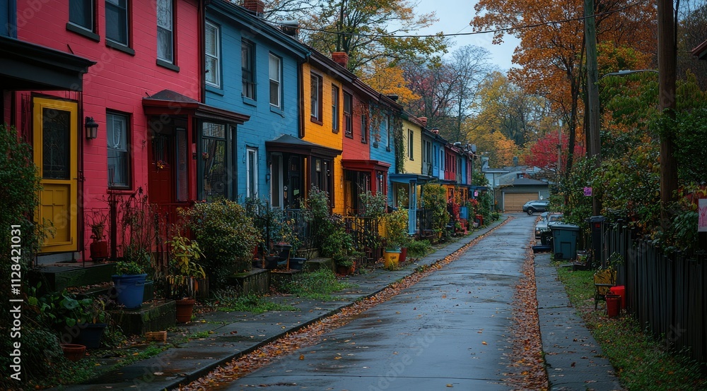 Fototapeta premium Colorful houses line a rain-swept autumn street.