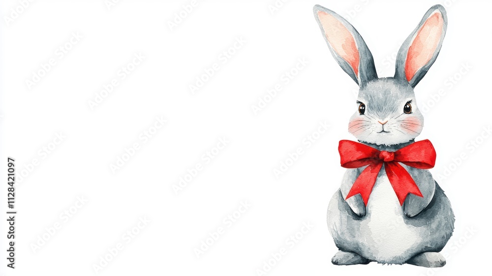 Obraz premium Adorable blue bunny with red bow watercolor art on bright background