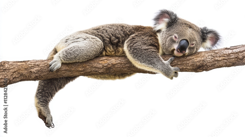 Peaceful koala sleeping on tree branch against white background Peaceful koala sleeping on tree branch against white background