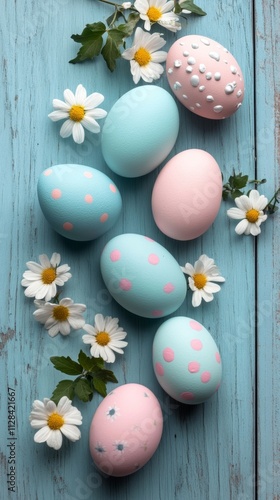 Pastel Easter Eggs and Daisies on a Wooden Table