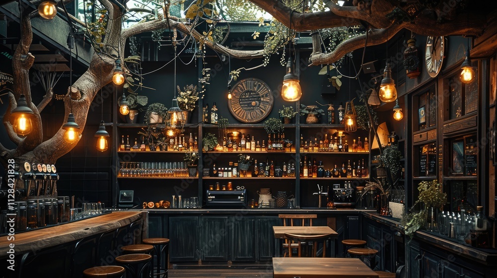 A cozy bar with hanging lights in the shape of fruit trees, rustic tables, high chairs for seating, shelves filled with glass bottles and jars containing, walls decorated with tree branches and roots. A cozy bar with hanging lights in the shape of fruit trees, rustic tables, high chairs for seating, shelves filled with glass bottles and jars containing, walls decorated with tree branches and roots.