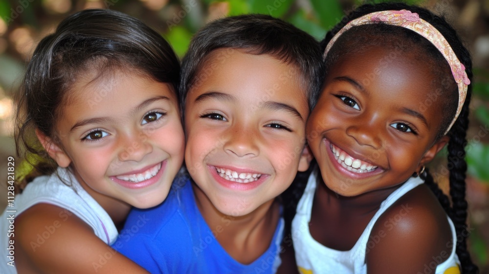 Closeup of three joyful kids, a Hispanic boy with short hair and a big smile, a white girl with a headband and bright eyes Closeup of three joyful kids, a Hispanic boy with short hair and a big smile, a white girl with a headband and bright eyes