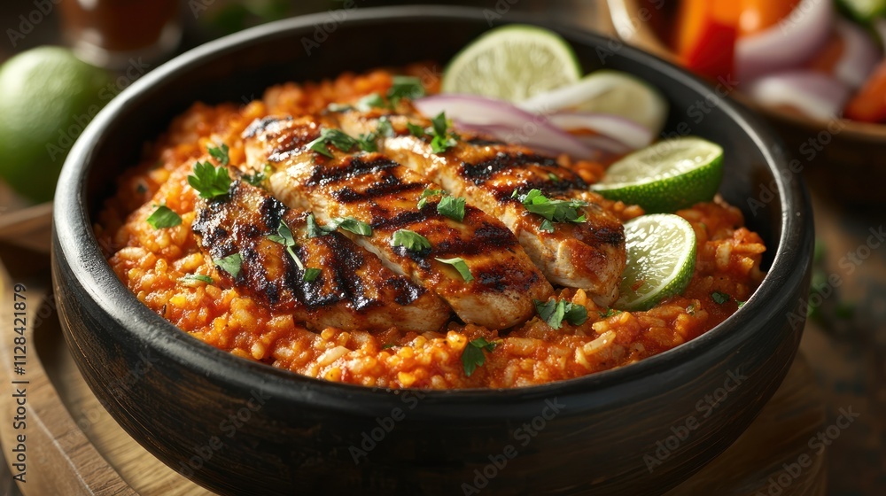 Fototapeta premium Grilled chicken served over flavorful rice with lime