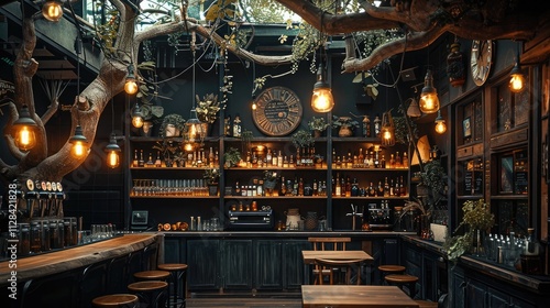 A cozy bar with hanging lights in the shape of fruit trees, rustic tables, high chairs for seating, shelves filled with glass bottles and jars containing, walls decorated with tree branches and roots.