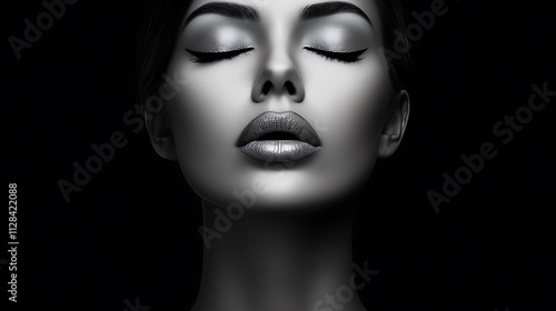 Serene Black and White Portrait: A Woman's Face in Dramatic Lighting AI Generated