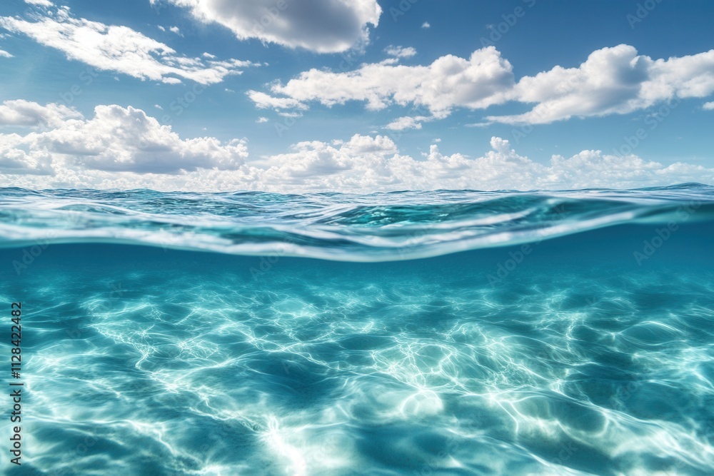 Serene underwater view of clear ocean water and sky. Serene underwater view of clear ocean water and sky.