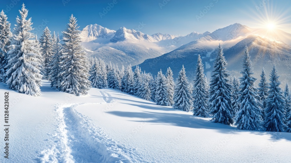 Winter Wonderland: Majestic snow-covered mountain range with sunrise Winter Wonderland: Majestic snow-covered mountain range with sunrise