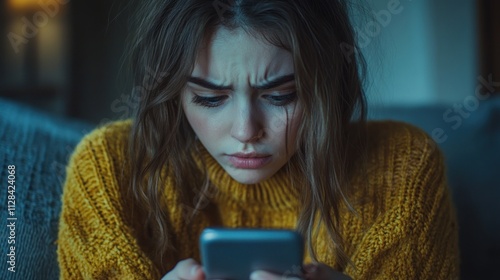 Woman using phone, feeling sad, emotional, indoors, 