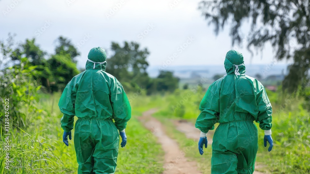 Two healthcare workers in green protective suits walking down a rural path, surrounded by lush greenery and an expansive landscape under a cloudy sky, symbolizing healthcare in nature Two healthcare workers in green protective suits walking down a rural path, surrounded by lush greenery and an expansive landscape under a cloudy sky, symbolizing healthcare in nature
