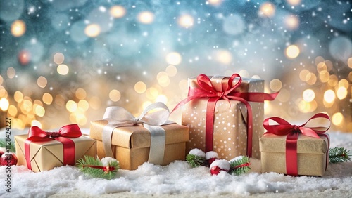 Christmas xmas celebration holiday festive greeting card - Closeup of different presents gift boxes with ribbon in snow, snowscape landscape background with bokeh lights and snowflakes