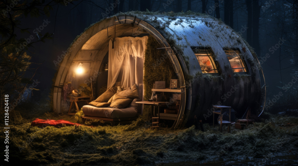 Bug out shelter cabin in the forest at night. Bug out shelter cabin in the forest at night.