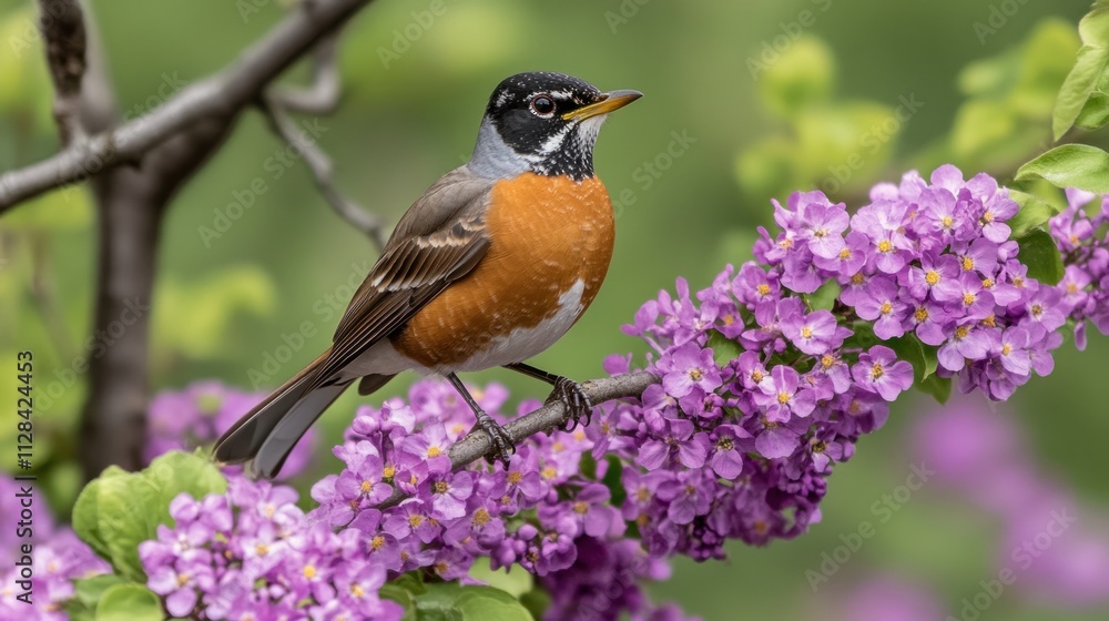 Bird perched on vibrant purple flowers in nature Bird perched on vibrant purple flowers in nature