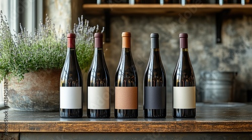 Five wine bottles with blank labels on a rustic wooden table.