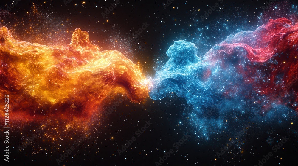 Obraz premium colorful depiction of two proton particles colliding on black background