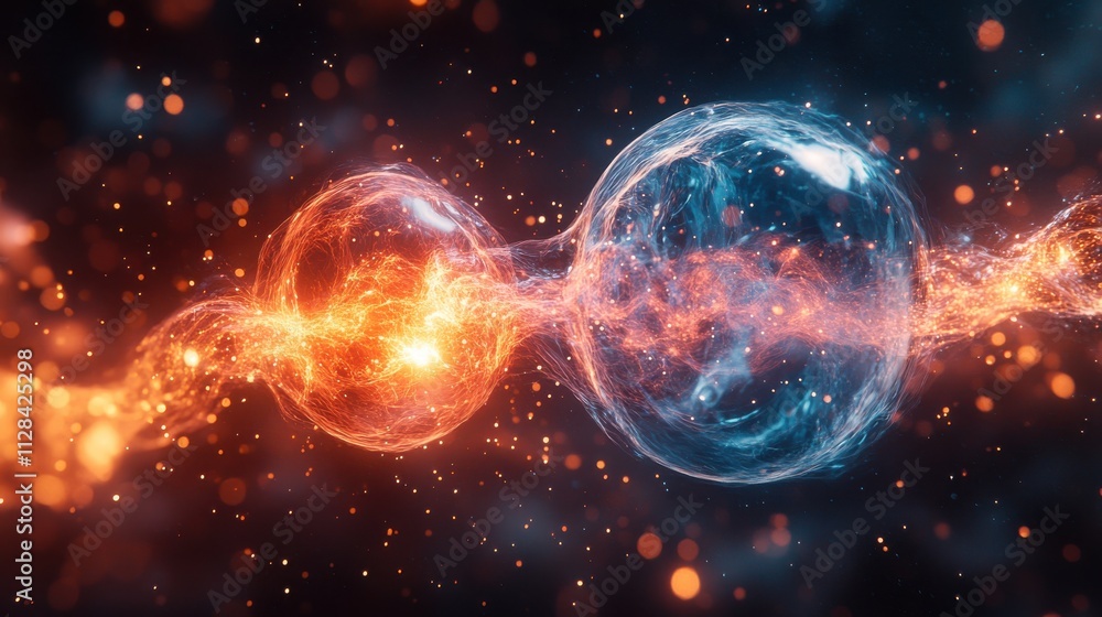 colorful depiction of two proton particles colliding on black background colorful depiction of two proton particles colliding on black background