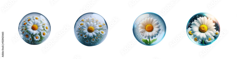 Set of Chamomile Flower inside Bubble isolated over on transparent white background Set of Chamomile Flower inside Bubble isolated over on transparent white background
